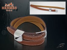 Hermes Double Tour Leather Bracelet Brown With Silver